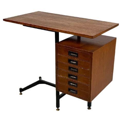 Italian mid-century modern wooden brass black metal desk with six drawers, 1960s For Sale at 1stDibs