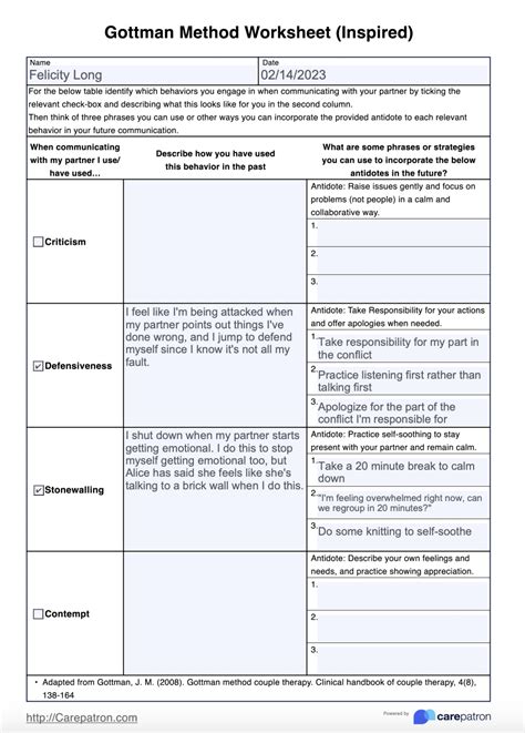 Gottman Method Worksheet & Example | Free PDF Download