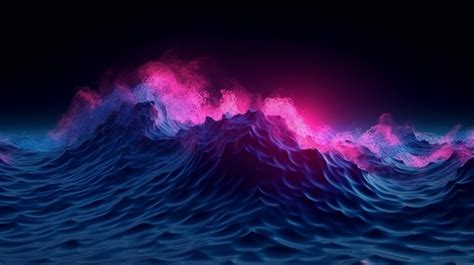 Glowing Ultraviolet Sea Wave In The Dark Stormy Night Background, Neon ...