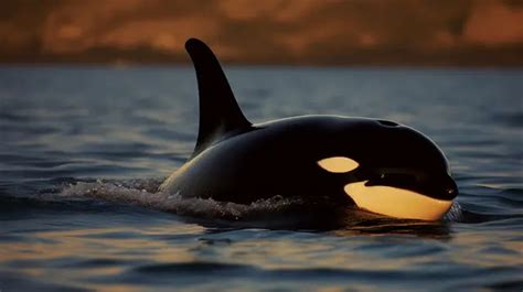 An Orca Is Swimming Through The Ocean In The Sunset Background, Pictures Of A Orca, Orca, Whale ...