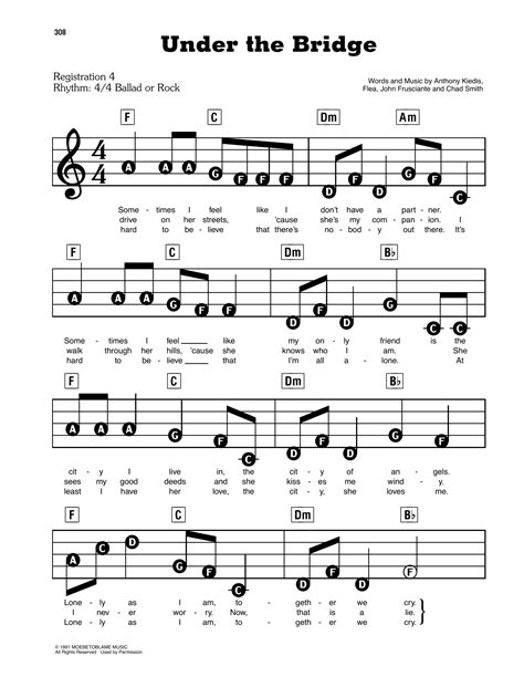 Under The Bridge by Red Hot Chili Peppers Sheet Music for E-Z Play Today at Sheet Music Direct