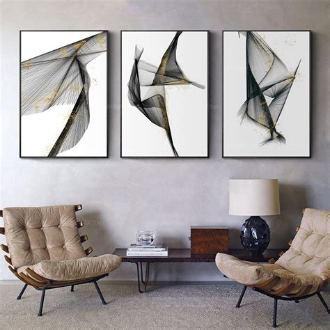 Set of 3 wall art Geometric Gold art Abstract Minimalist Canvas Print Painting Framed Decoration ...