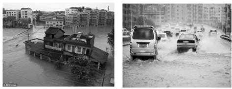 Examples of urban flooding. The left-side picture shows an area with ...