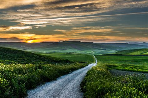 road, Sunset, Field, Italy, Clouds, Grass, Mountain, Wildflowers, Green ...