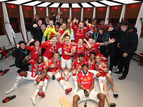 Man Utd's players dressing room pictures with Carabao Cup trophy