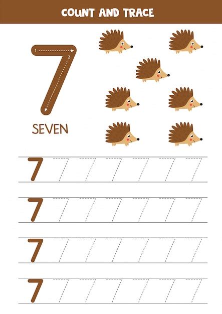 Premium Vector | Worksheet for kids. seven cute cartoon hedgehogs. tracing number 7.