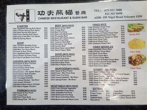 Menu at Kung Fu Panda Restaurant & Sushi Bar, Springs