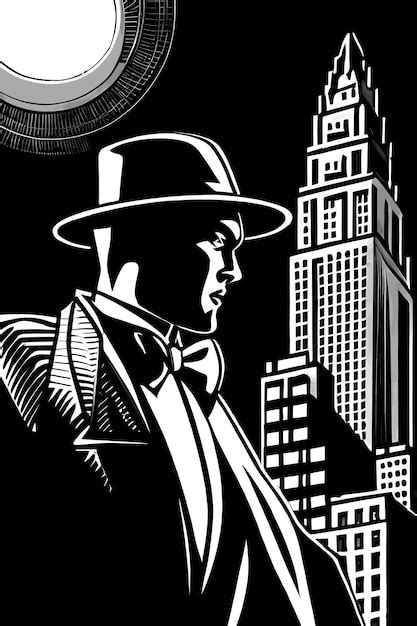 Premium Vector | Crime boss with hat and coat and moonlit city