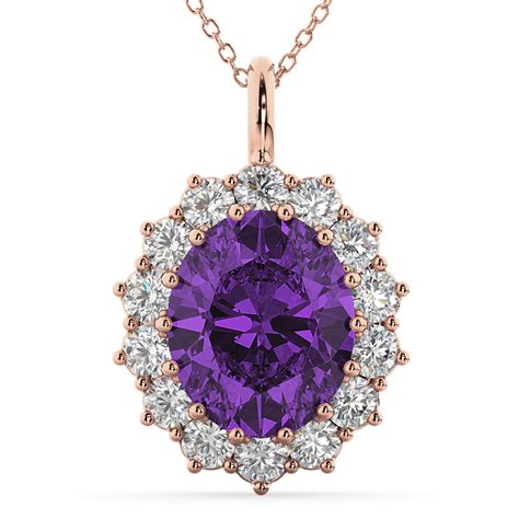 Oval Amethyst & Diamond Halo Pendant Necklace 14k Rose Gold 6.40ct - AD4873