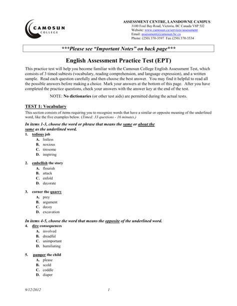 English Assessment Practice Test (EPT)