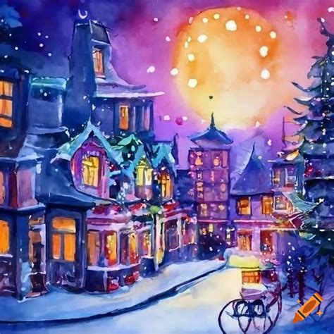 Cozy watercolor christmas town at night