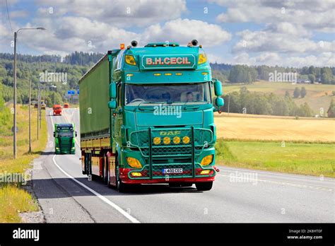 Customised green DAF XF truck semi trailer of B H Cecil, UK, in convoy ...