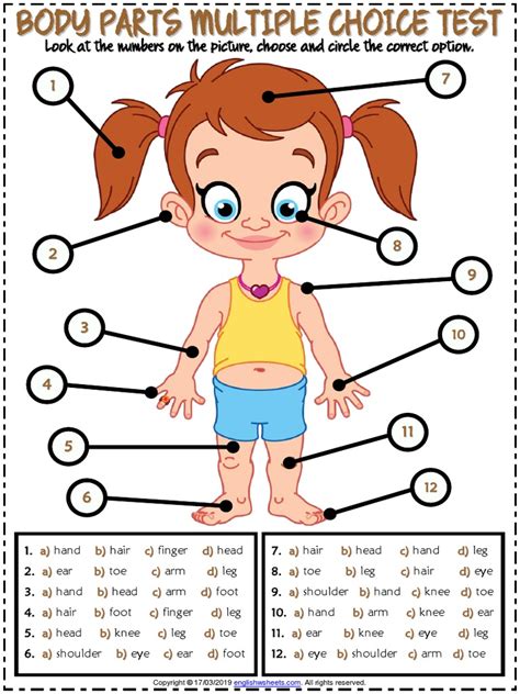 Body Parts Vocabulary Esl Multiple Choice Test For Kids | PDF | Hand ...