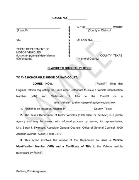 Texas Plaintiff's Original Petition - Vin Assignment - Sample - Fill Out, Sign Online and ...