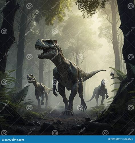 A Group of Tyrannosaurus Rex Hunting in the Forest Stock Illustration ...