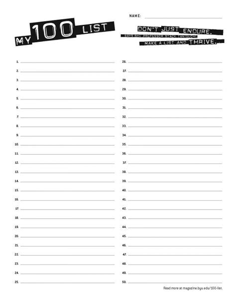 Create Your Own 100 List with this Printable Form