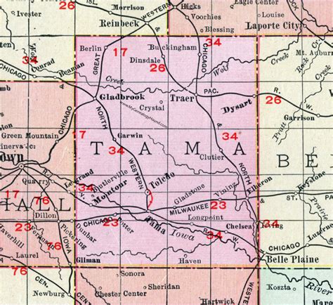 Tama County, Iowa, 1911, Map, Toledo, Tama City, Traer, Dysart, Gladbrook