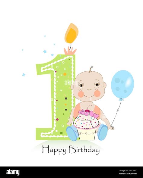 Happy first birthday greeting card. One candle with baby boy vector ...