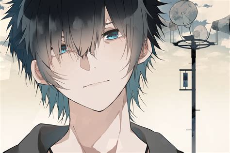 Download 3360x2240 Anime Boy, Pole, Blue Eyes, Close-up, Clouds Wallpapers - WallpaperMaiden ...