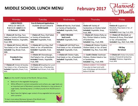 February 2017 Middle School Lunch Menu HOM | School lunch menu, Lunch ...