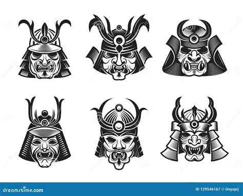 Martial Masks. Warrior Japanese Samurai Shogun Asian Armour Vector ...