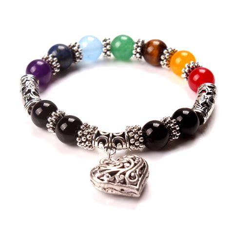 MISANANRYNE 7 Chakra Bracelets Bangle Colors Mixed Crystals Stone Chakra Pray Mala Heart Charm ...