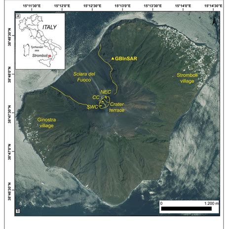 a) Location of the island of Stromboli. b) The island of Stromboli. The... | Download Scientific ...