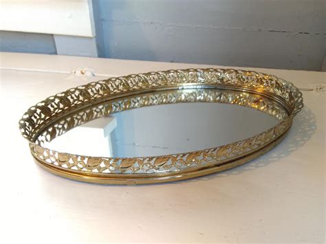 Vintage, Mirror, Mirrored Tray, Vanity Mirror, Vanity Tray, Gold, Oval, Filigree, Mid Century ...