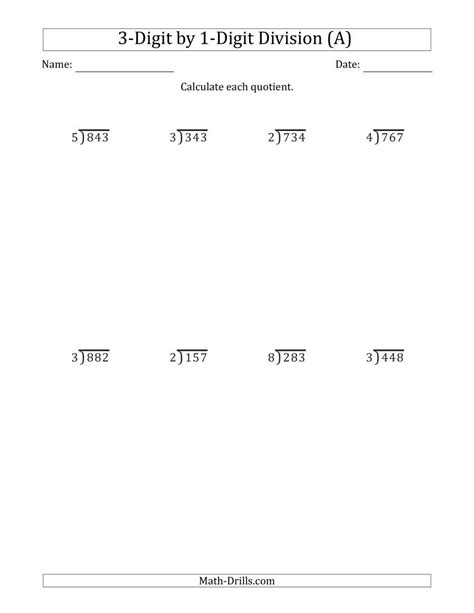 3-Digit by 1-Digit Long Division Worksheet with Answer Key