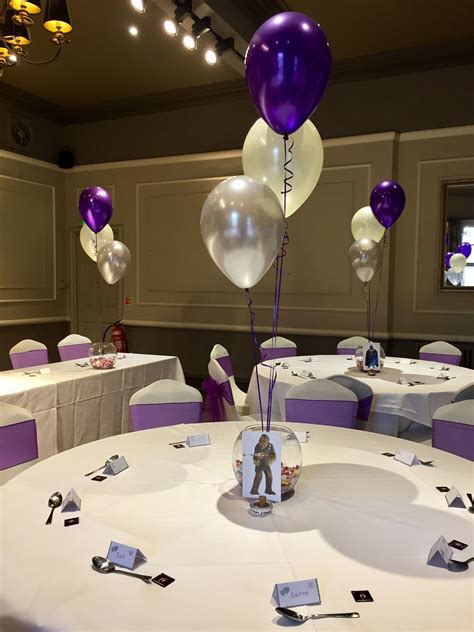 Silver Ivory and purple balloons at The Manor Hotel | Birthday party table decorations, Birthday ...