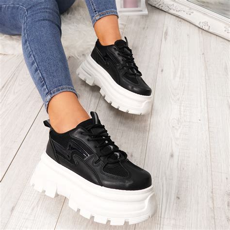 WOMENS LADIES PLATFORM CHUNKY TRAINERS LACE UP SPORTS GYM