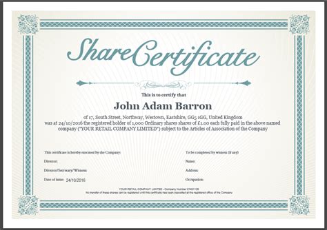 Share Certificate Template Excel - Captions Pages