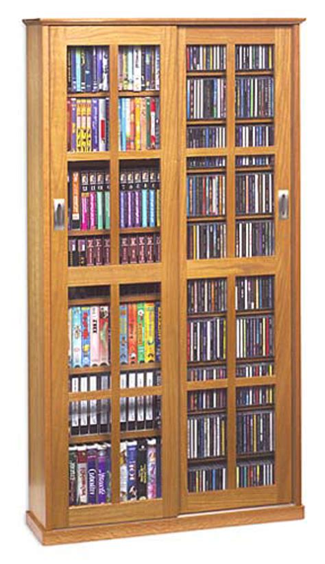 Mission Style 2 Sliding Glass Door CD DVD Storage Cabinet - Oak