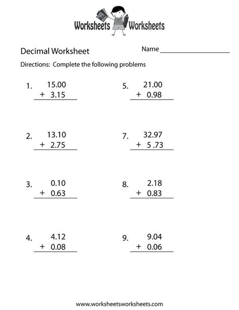 Decimal Addition Worksheet Printable | Subtracting decimals worksheet, Decimals worksheets ...