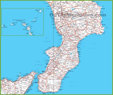 Large detailed map of Calabria with cities and towns - Ontheworldmap.com