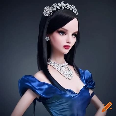 Princess in a dark blue sequin dress with silver sapphire jewelry on Craiyon