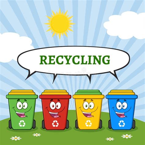 Four Color Recycle Bins Cartoon Character on a Sunny Hill with Speech ...