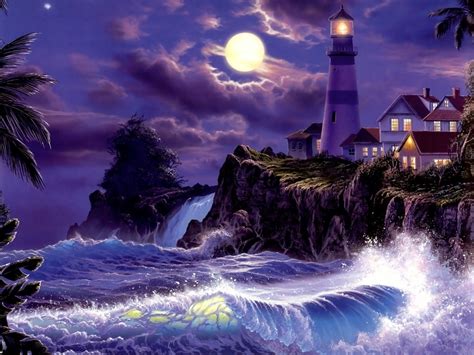 Download Wave Night Moon Storm Sea Ocean Lighthouse Artistic Painting ...