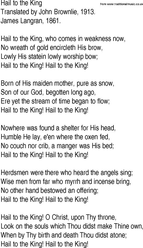 Hymn and Gospel Song Lyrics for Hail to the King by Translated by John ...