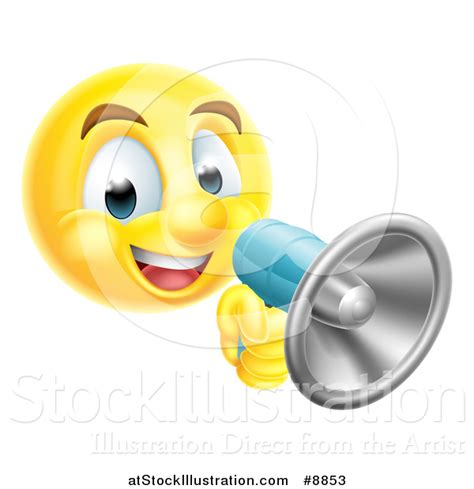 Vector Illustration of a Yellow Smiley Emoji Emoticon Using a Megaphone ...