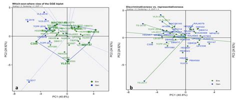 GGE bi-plot showing: (a) “which-won-where” pattern for genotypes and ...