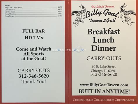 Billy Goat Tavern Carry Out Menu Chicago (Scanned Menu With Prices)