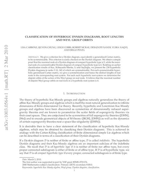 (PDF) CLASSIFICATION OF HYPERBOLIC DYNKIN DIAGRAMS, ROOT …Dynkin diagram, and a ﬁnite ...