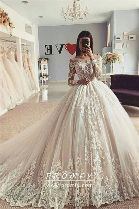 Off-shoulder Lace Long Sleeve Princess Wedding Gown - Promfy