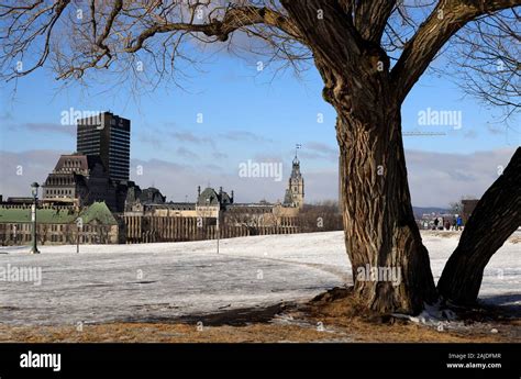 Plains of Abraham in winter with skyline and Parliament Building of ...