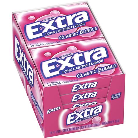 Wrigley's Extra, Classic Bubble Gum, 15 Piece Packs (10 Count) - RocketDSD