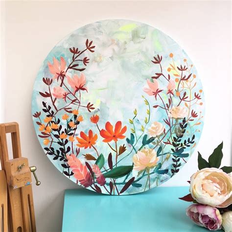 Round Floral Cotton Canvas Painting Warm Palette By Paint-Me-Happy Art | Circular canvas ...