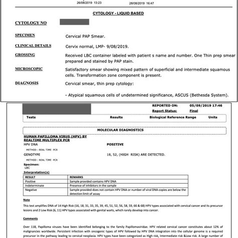 Pap smear report of 26/10/2020 and HPV DNA test report of 07/11/2020 ...