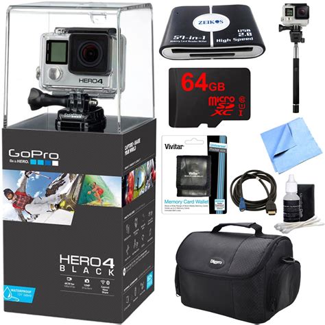 HERO 4 Black - 4K Action Camera Ultimate Kit. Includes GoPro Hero 4 Black, 64GB Class 10 Micro ...