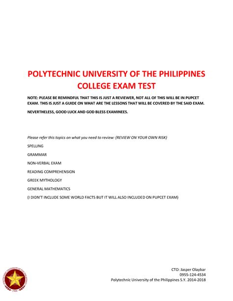 Pupcet reviewer with answer keys - CTO: Jasper Olaybar 0955 -124- POLYTECHNIC UNIVERSITY OF THE ...